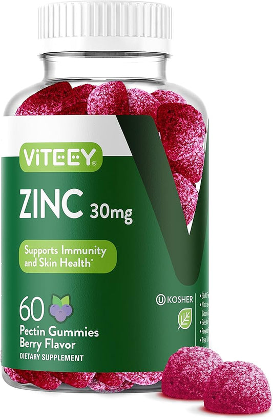 Viteey Zinc Gummies Adult & Teens - 30mg - Immune Health Support & Antioxidant Support - Vitamin Zinc Supplement - Vegan, Gelatin Free, GMO Free - Tasty Chewable Berry Flavored Gummy