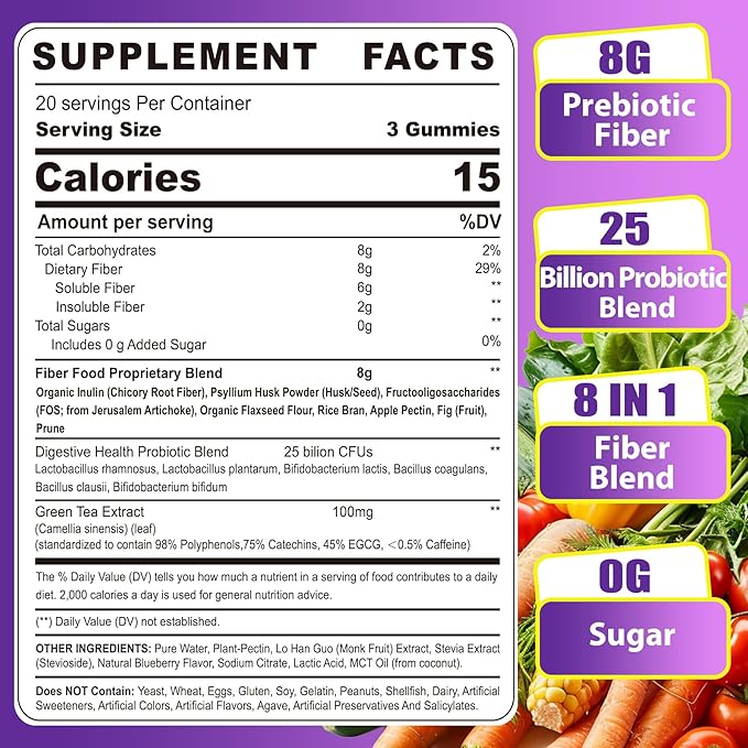 Fiber Gummies for Adults 8g (Inulin, Psyllium Husk, FOS More) with Probiotics, Green Tea Extract, Sugar Free Plant Based Fiber Supplement Blend for Digestive Health, Regularity, Non-GMO, Vegan, 60Cts