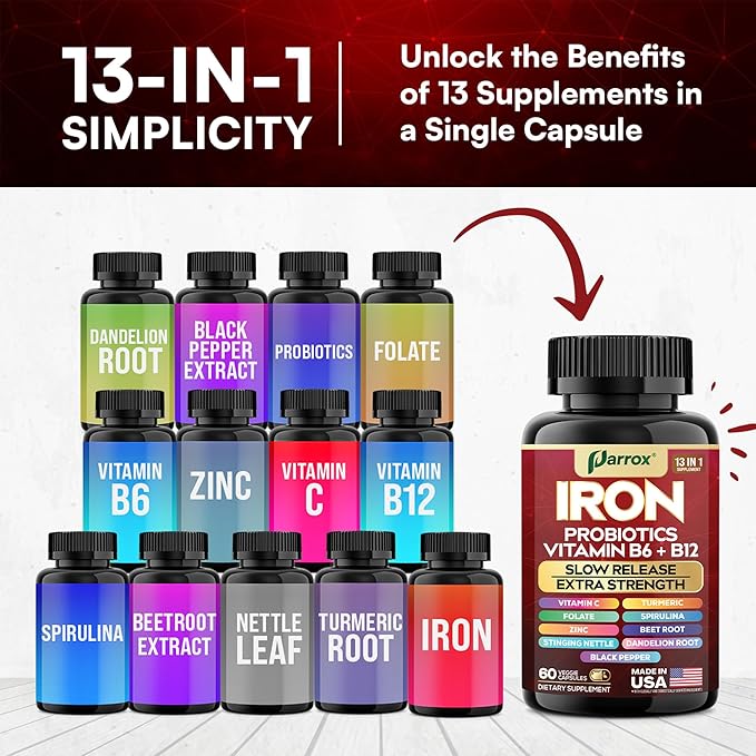 Iron Supplement with Slow Release Iron, Probiotics, Spirulina, Turmeric, Vitamin B6, B12, C, Zinc, Folate, Beetroot, Nettle Leaf, Dandelion Root, Black Pepper, Extra Strength, 60 Vegan Capsules
