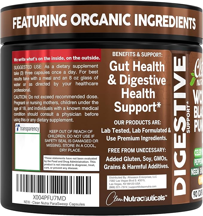 Clean Nutra Wormwood Black Walnut Pumpkin Seed Clove Oil Celery Garlic Grape Papaya Neem Diatomaceous Earth Womens Probiotic Gut Health Cleanse Detox Oregano Olive Turmeric Supplement Vegan Capsules