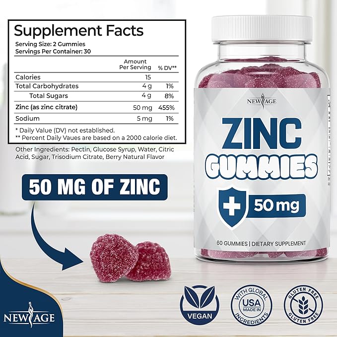 NEW AGE Zinc Gummies - 2 Pack - 50mg High Immune Booster Zinc Supplement, Immune Defense, Powerful Natural Antioxidant, Non-GMO - by New Age, 120 Count