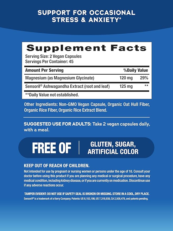 Natural Vitality Calm Ashwagandha + Magnesium Glycinate Capsules | Support for Occasional Stress & Anxiety | Gluten Free Supplement| 90 Count