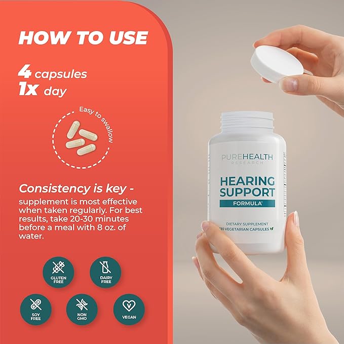 PUREHEALTH RESEARCH Hearing Support Formula - Tinnitus Supplement with Flavonoids & Hearing Vitamins to Help Silence The Noise, Safely and Naturally - Ear Tinnitus Relief for Ringing Ears, 1 Bottle