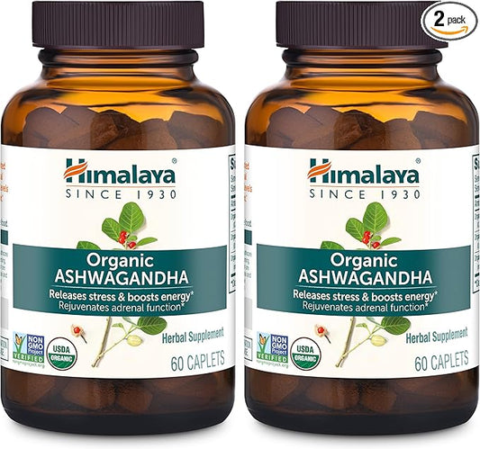 Himalaya Organic Ashwagandha Root, 120 Day Supply - Herbal Adrenal Support Supplements for Stress Relief and Energy Support - USDA Organic, Non-GMO, Vegan, Gluten Free, 670 mg, 120 Caplets