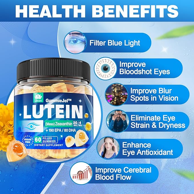 Sugar Free Lutein 20mg 40mg and Zeaxanthin Gummies for Eyes with Omega 3 (EPA 190mg & DHA 80mg), Lutein Supplements Eye Vitamins Filled Gummies Plus Bilberry, Goji Berry & Saffron, Vegan - 60 Count