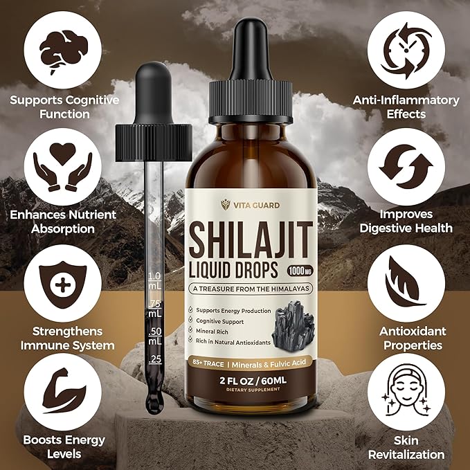 Himalayan Shilajit Liquid Drops – 1000mg Energy & Immunity Support with 85+ Trace Minerals & Fulvic Acid – Strength, Vitality Supplement for Men & Women – 30-Day Supply