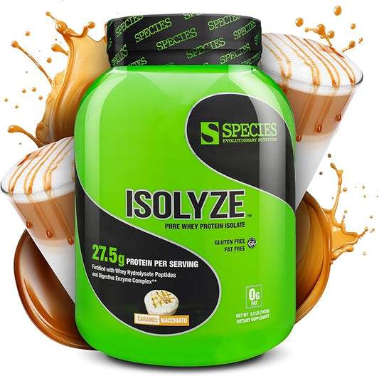 Species Nutrition Isolyze Whey Protein Powder, 100% Whey Isolate for Muscle Building, 27.5g Protein Per Scoop, No Sugar & Low Fat (Caramel Macchiato, 44 Servings)