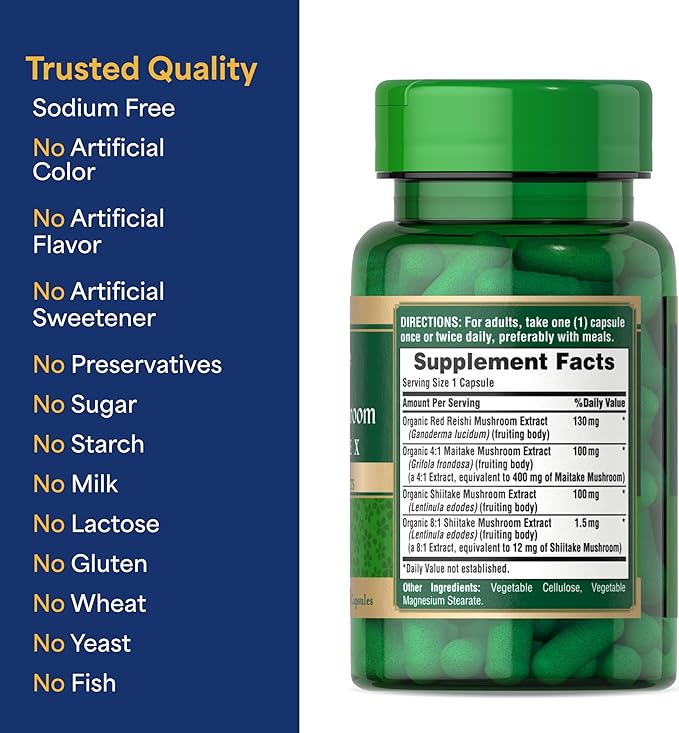 Puritan's Pride Triple Mushroom Complex, Reishi, Maitake & Shiitake Extracts, Organic Mushroom Extracts, 60 Vegetarian Cpasules