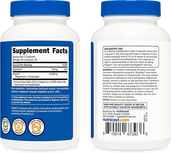 Nutricost Magnesium L-Threonate As Magtein 2000mg, 120 Capsules - Non-GMO, Gluten Free, Vegetarian Friendly
