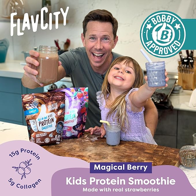 FlavCity All-in-One Protein Smoothie for Kids (Magical Berry) - Grass-Fed & Undenatured Whey Protein Powder with 15g Protein & 5g Collagen - Gluten-Free & Non-GMO - 15 Servings