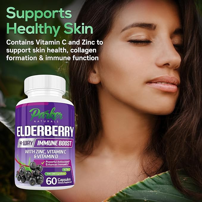Organic Elderberry Capsules, 4-Way Immune Boost Elderberries, Vitamins C, D & Zinc Support, 1260.1 mg Elderberry Supplements for Adults, 60 Capsules