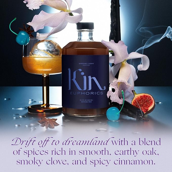 Kin Euphorics Dream Light Non-Alcoholic Soothing Serenity | Adaptogens & Botanicals for Restful Sleep | Reishi Mushroom, L-Theanine, Melatonin | Earthy Oak, Smoky Clove, Spicy Cinnamon | 16.9 fl oz