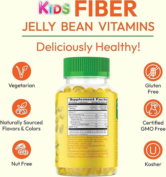 Fiber Jelly Bean Gummies for Kids, Fiber Supplements for Digestive Health, Vegetarian Fiber Gummy 120 Jellybeans