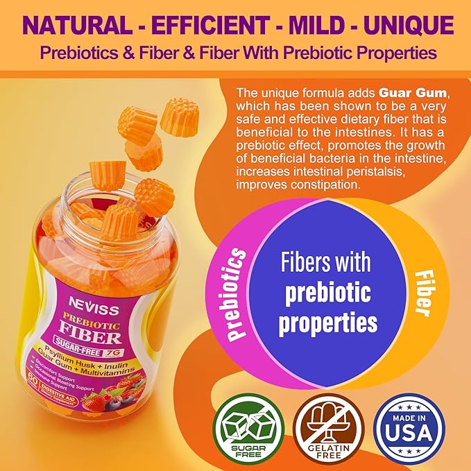 Fiber Gummies for Adults with Psyllium Husk, 7G(Soluble + Insoluble) Daily Prebiotic Fiber with Inulin, FOS, Guar Gum, Multivitamins for Daily Digestive Health, Regularity Support,Sugar Free,Pack of 2