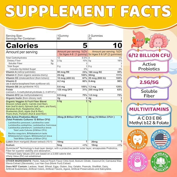 Probiotics for Kids Teen + Veggie & Fruit Fiber Gummies, with 12 Billion CFU Probiotic, Organic Inulin Prebiotics Fiber, Methyl B12 B6 C for Children's Digestive & Gut, Immune Health, Sugar Free,60Cts