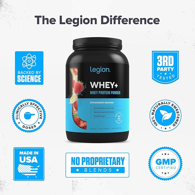 LEGION Whey+ Strawberry Banana Whey Isolate Protein Powder from Grass Fed Cows, Low Carb, Low Calorie, Non-GMO, Lactose Free, Gluten Free, Sugar Free, All Natural Whey (30 Serving Strawberry Banana)