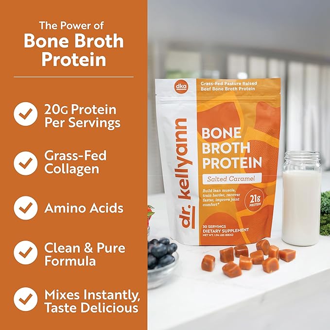 Dr. Kellyann Bone Broth Protein Powder Salted Caramel - 21g Protein, Grass-Fed Collagen, Segar-Free, Keto & Paleo Friendly (30 Servings)