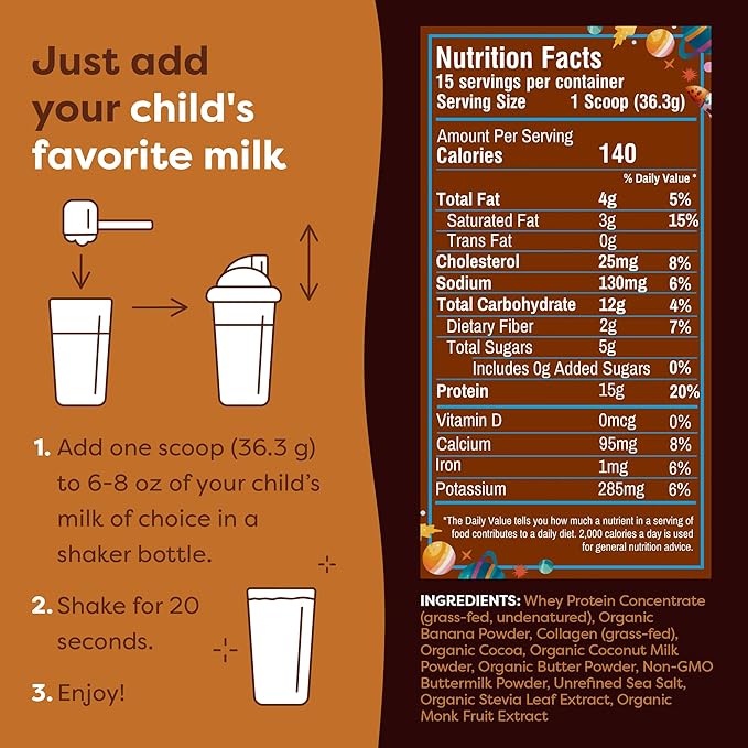 FlavCity All-in-One Protein Smoothie for Kids (Galactic Brownie) - Grass-Fed & Undenatured Whey Protein Powder with 15g Protein & 5g Collagen - Gluten-Free & Non-GMO - 15 Servings