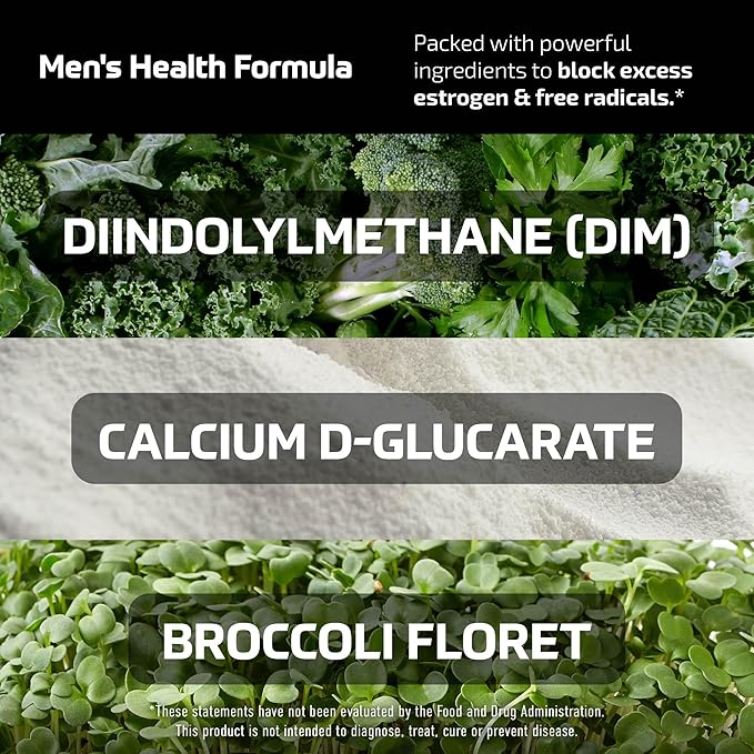 DIM Supplement for Men 300mg | Estrogen Blocker & Aromatase Inhibitor | Extra Strength Men’s Hormone Balance & Fitness Booster with Diindolylmethane Plus CDG & Broccoli Floret | Gluten-Free | 60 Ct