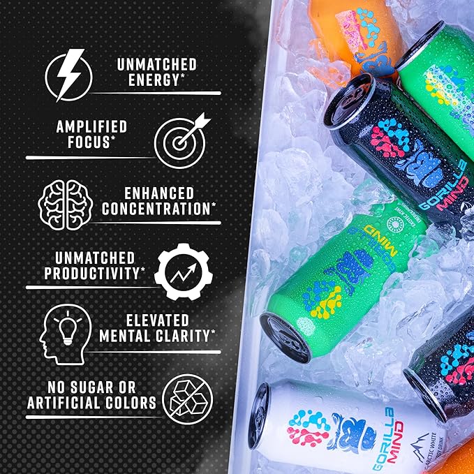 Gorilla Mind Energy Drink | Unmatched Energy · Amplified Focus | N-Acetyl-L-Tyrosine, Alpha-GPC, 200mg Caffeine, Uridine, Saffron | 0 Sugar Or Artificial Colors | 16oz, 12-Pack (Black Cherry Vanilla)