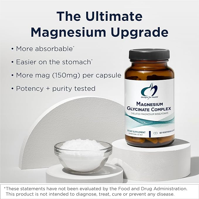 Designs for Health Magnesium Glycinate Complex - Chelated Magnesium Bisglycinate + High Absorption Magnesium for Calming & Sleep, Heart Health, Immune Support & Bone Strength - Vegan (60 Capsules)
