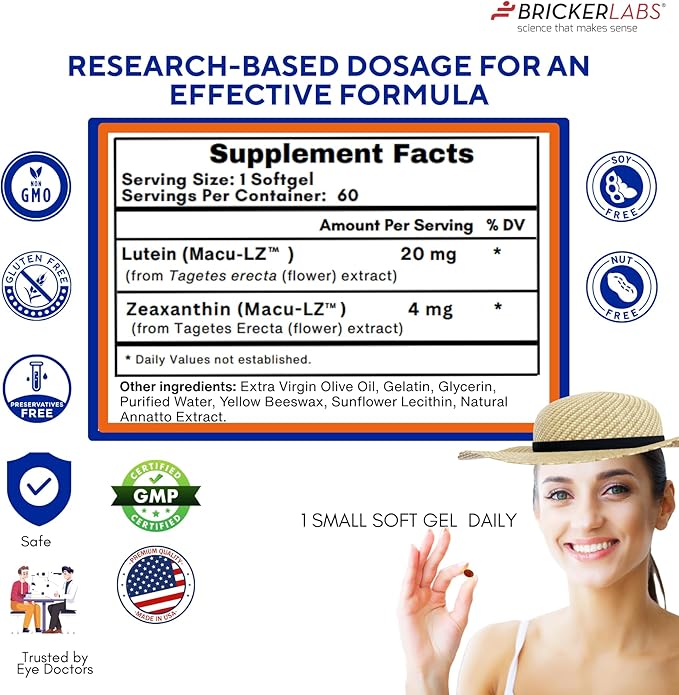 Natural Lutein + Zeaxanthin Eye Supplement – Supports Eye, Brain, and Skin Health with Macular Carotenoids, Superior Bioavailability, AREDS2 Chosen Lutein Source – 60 Soft Gels