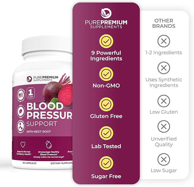 PurePremium Beet Root Capsules for Normal Blood Pressure Support - Beetroot, Hawthorn, Hibiscus - Beets Supplements for Normal Nitric Oxide - 90 Capsules