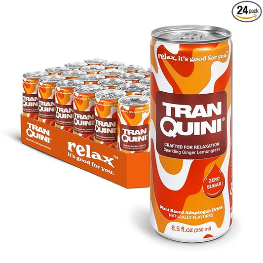 Tranquini Calming Drink With Herbal Adaptogens | Sparkling Water Stress Relief Beverage | Sugar Free, Non Alcoholic, Gluten Free, Vegan - 250ml Ginger Lemongrass (24 cans)