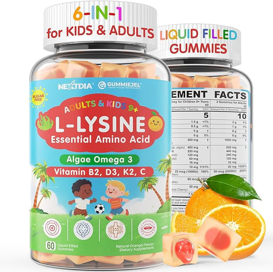 L-Lysine Gummies 500/1000mg with Algae Omega 3, Vitamin B2, D3, K2, C for Adults & Kids 9+, Lysine Supplement Support Immune, Lip & Oral, Collagen Production, Brain, Bone Health, Sugar Free 1Pack