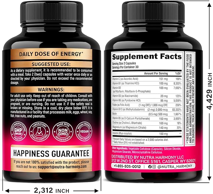 Riboflavin B2 + Vitamin B Complex for Men & Women - B12, B1, B3, B5, B6, B7, B8, B9 | Vitamin C, Choline, Inositol - B-Complex Supplement - Energy, Brain & Heart Support - Made in USA, 60 Vegan Caps