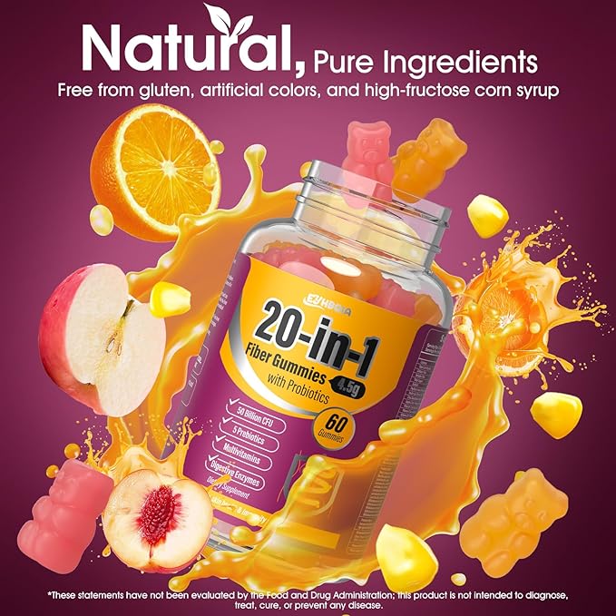 Fiber Supplement 20-in-1, 50 Billion CFU Probiotic Supplement, Fiber Gummies for Adults, Support for Gut & Digestive Health, 60-Count, Orange