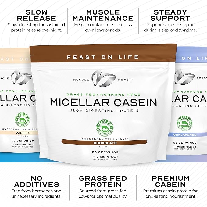 Muscle Feast Grass Fed Micellar Casein Protein Powder, Pasture Raised & Hormone Free, Slow Digesting Casein Protein - Supports Overnight Muscle Recovery, Gluten Free Protein Powder - Chocolate, 4lb
