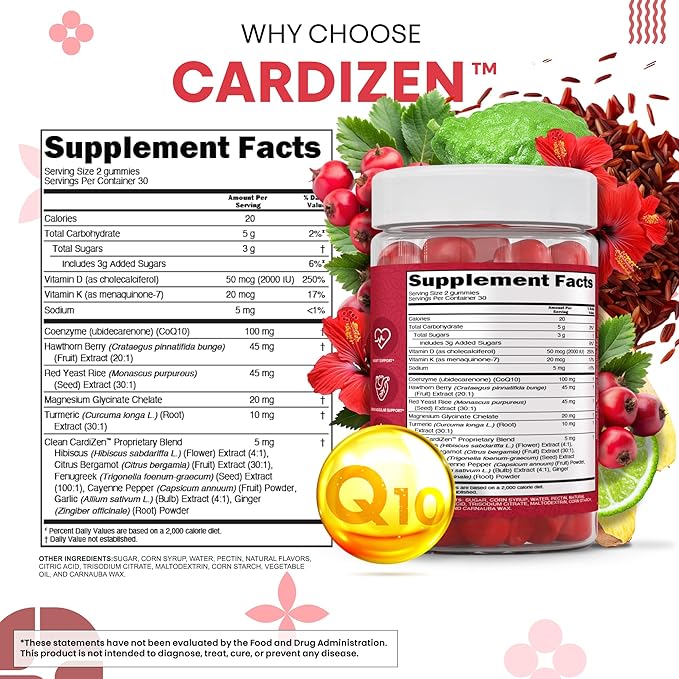 Clean Nutra CoQ10 Gummies Red Yeast Rice Hawthorn K2 Vitamin Supplement Magnesium Glycinate Turmeric Citrus Bergamot Hibiscus VIT D K Fenugreek Garlic Supplements Heart Support Gummy 60ct