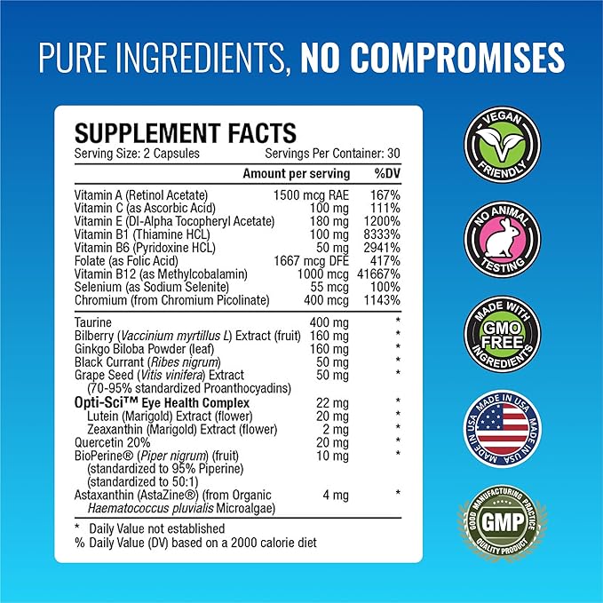 Approved Science EyeSyl - Eye Support Supplement - Chromium Picolinate, Taurine, Lutein, Zeaxanthin, Bilberry, BioPerine - 1 Month Supply - 60 Capsules - Made in The USA
