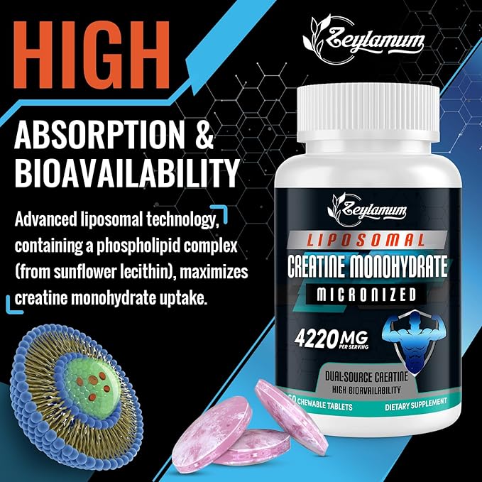 Creatine Chews Tablets for Men & Women, Creatine Monohydrate, 99% Absorption with Liposomal & Micronized, 60 Servings