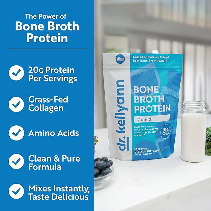 Dr. Kellyann Bone Broth Protein Powder Vanilla (30 Servings) – 21g Protein, Grass-Fed Collagen, Sugar-Free, Keto & Paleo-Friendly, 1 Pack