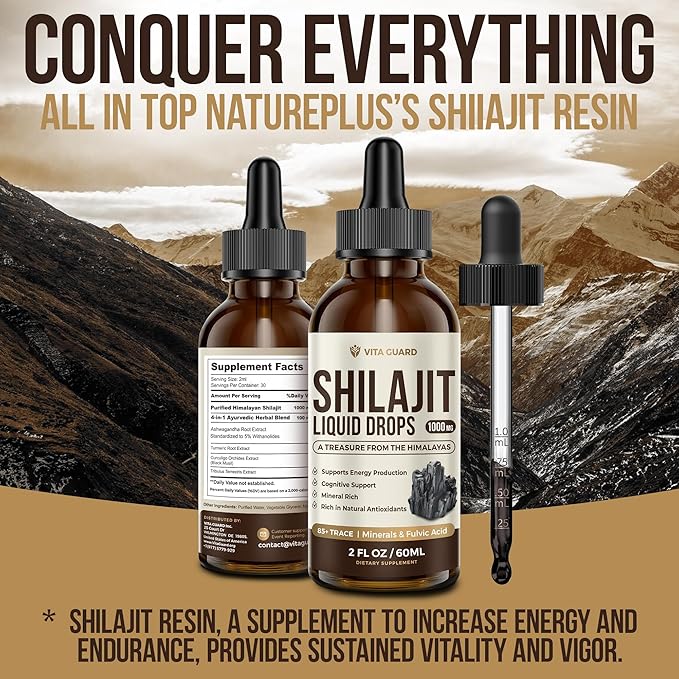 Himalayan Shilajit Liquid Drops – 1000mg Energy & Immunity Support with 85+ Trace Minerals & Fulvic Acid – Strength, Vitality Supplement for Men & Women – 30-Day Supply