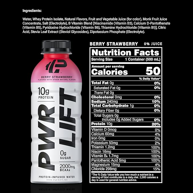Whey Protein Water Sports Drink by PWR LIFT | Berry Strawberry | Keto, Vitamin B, Electrolytes, Zero Sugar, 10g of Protein | Post-Workout Energy Beverage | 16.9 Fl Oz (Pack of 12)