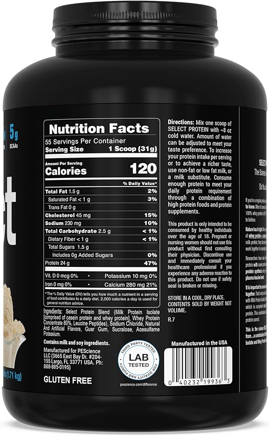 PEScience Select Protein Powder, Whey and Casein Blend, Clean Protein Powder for Women and Men, Low Calorie, Low Carb, Keto Friendly, Gluten Free - Gourmet Vanilla - 55 Servings