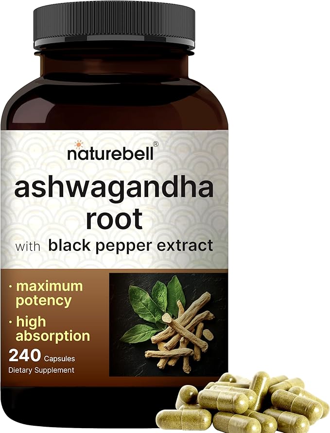 NatureBell Ashwagandha 12,500 mg Equivalent with Black Pepper, 240 Capsules | High Absorption Complex – Extra Strength 25:1 Root Extract – Adaptogens Supplements for Relaxation – Non-GMO
