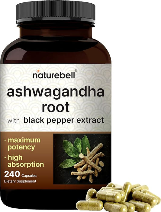 NatureBell Ashwagandha 12,500 mg Equivalent with Black Pepper, 240 Capsules | High Absorption Complex – Extra Strength 25:1 Root Extract – Adaptogens Supplements for Relaxation – Non-GMO