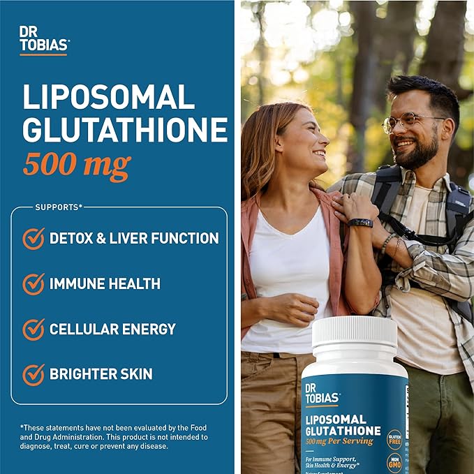Dr. Tobias Liposomal Glutathione, 500mg Per Serving - Highly Bioavailable Glutathione Supplement, Supports Energy, Skin & Immune Health - Vegan, Gluten-Free, Non-GMO, 60 Capsules, 30 Servings