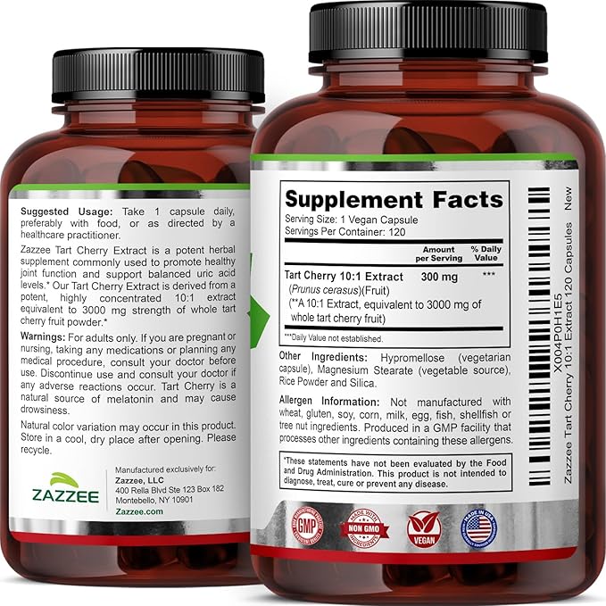 Zazzee Tart Cherry 10:1 Extract, 3000 mg Strength, 120 Vegan Capsules, 4 Month Supply, Certified Kosher, Concentrated and Standardized 10X Extract, 100% Vegetarian, All-Natural, Gluten Free, Non-GMO