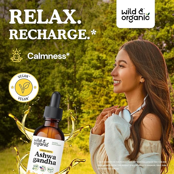 Wild & Organic Ashwagandha Liquid Drops - Calming Ashwagandha Root Extract for Relaxation - 1-Month Supply - Herbal Supplements for Women and Men - Vegan, Sugar & Alcohol-Free Tincture - 2 fl oz