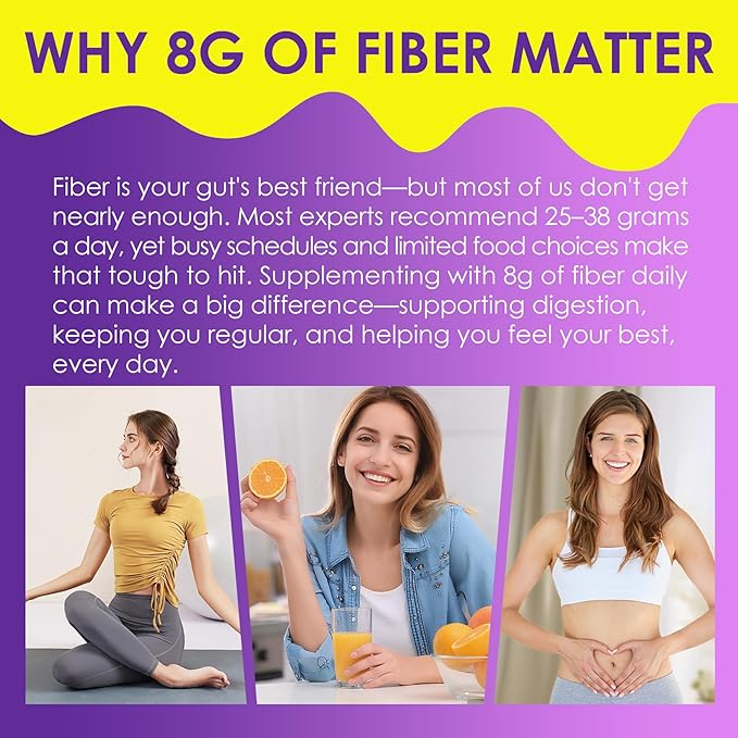 Fiber Gummies for Adults 8g (Inulin, Psyllium Husk, FOS More) with Probiotics, Green Tea Extract, Sugar Free Plant Based Fiber Supplement Blend for Digestive Health, Regularity, Non-GMO, Vegan, 60Cts