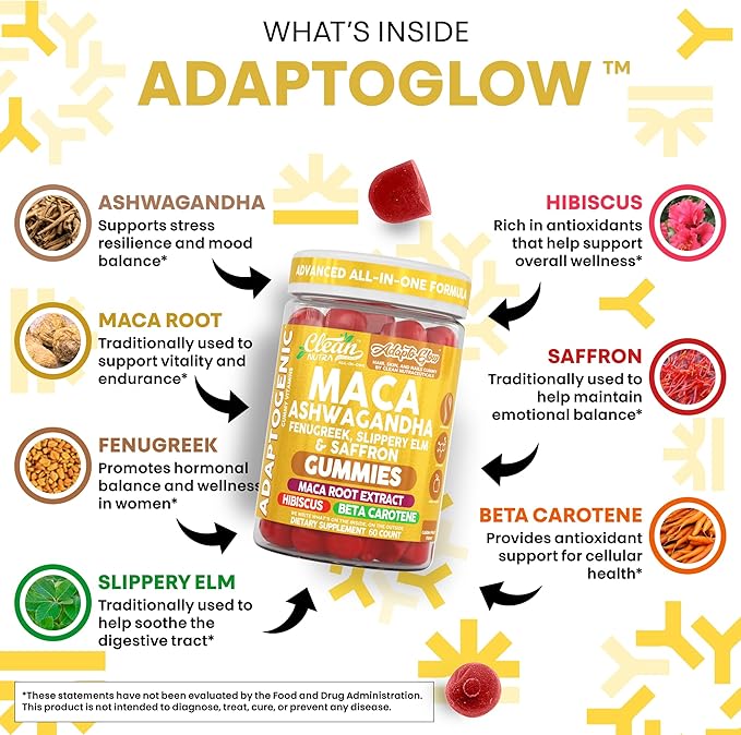 Clean Nutra Maca Root Gummies Ashwagandha Fenugreek Slippery Elm Saffron Hibiscus Beta Carotene Vitamin A for Women Macaroot Extract 60 Gummies Vegan Adaptogen Supplement Gummy Non GMO