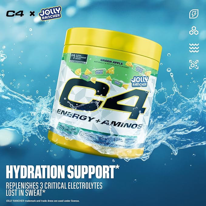 Cellucor C4 Energy + Aminos Powder | Jolly Rancher Green Apple | 5g BCAAs & EAAs for Muscle Recovery, 3 Electrolytes for Hydration, 100mg Natural Caffeine | Pre Workout | Zero Sugar, 30 Servings