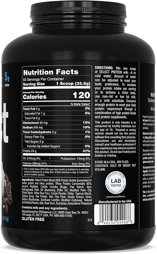 PEScience Select Protein Powder, Whey and Casein Blend, Clean Protein Powder for Women and Men, Low Calorie, Low Carb, Keto Friendly, Gluten Free - Cookies and Cream - 55 Servings