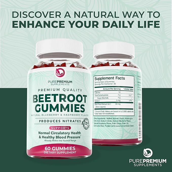 PurePremium Beet Root Gummies - 60 Sugar Free Chews (50:1 Equivalent 1500 mg) - Super Nitric Oxide Beetroot Gummies | Natural Blueberry Flavor - Supplements for Normal Blood Pressure