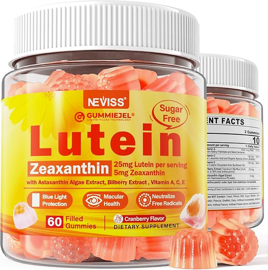 Sugar-Free Lutein Zeaxanthin Supplements Gummies (25mg) Vitamins A, C, E, Bilberry, Astaxanthin - Coconut Oil for Better Absorption - Adults & Teens Vision Health, Eye Strain, Dry Eyes - Vegan, 60Cts
